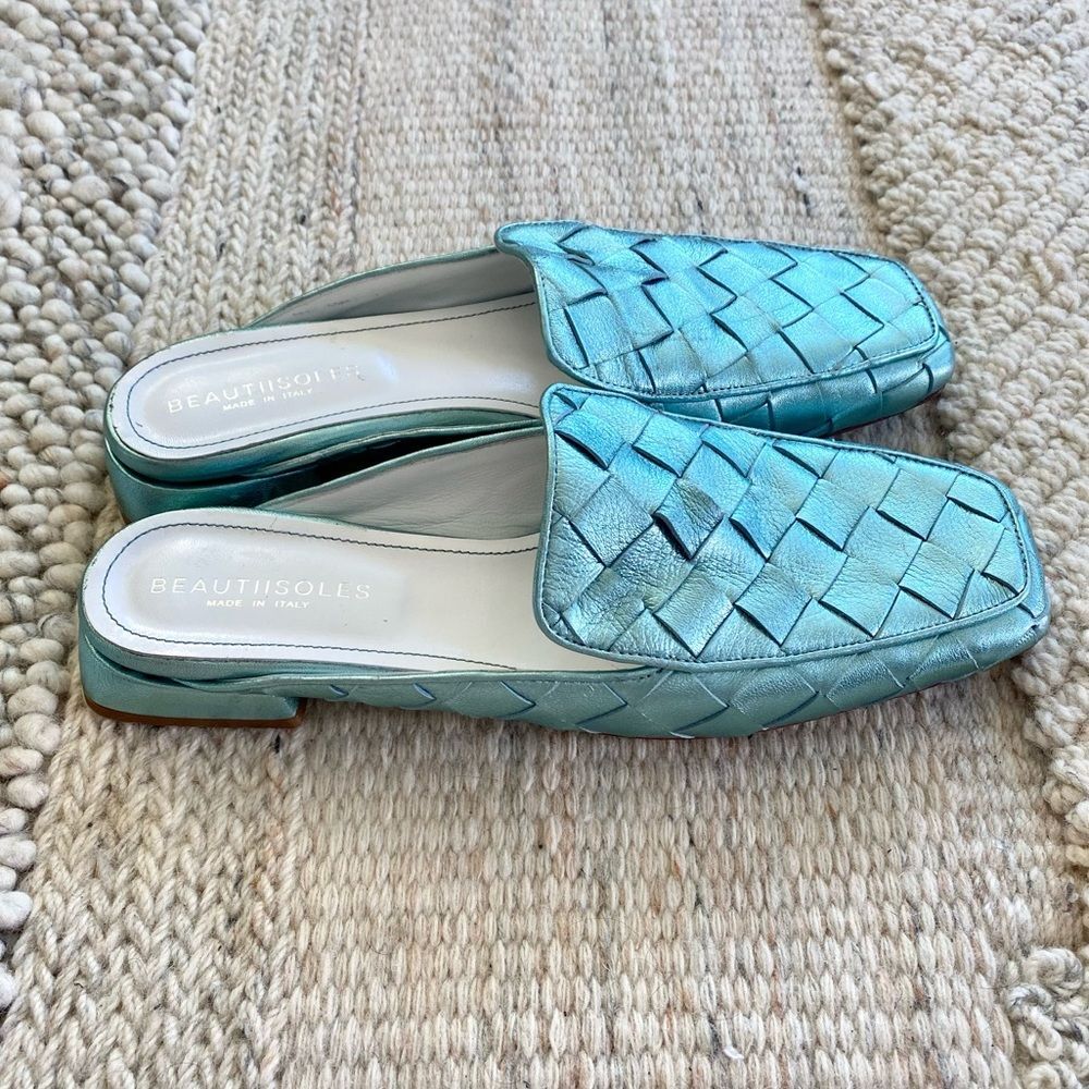 Woven Metallic Blue Mules - Picture 6 of 11